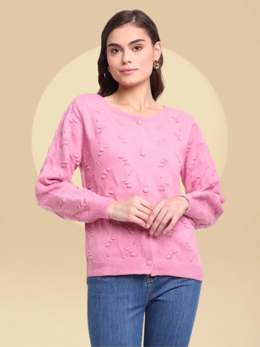 Women Pink Round Neck Solid Knitted Loose Fit Cardigan