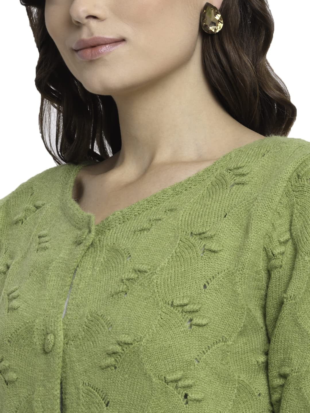 Women Green Round Neck Solid Knitted Regular Fit Cardigan