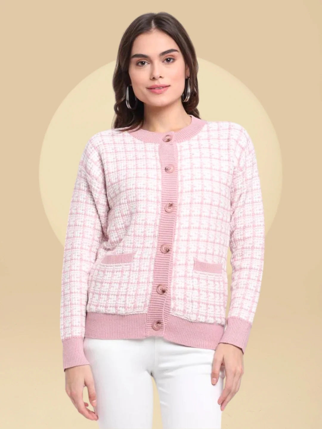 Women Pink Round Neck Checked Knitted Regular Fit Cardigan