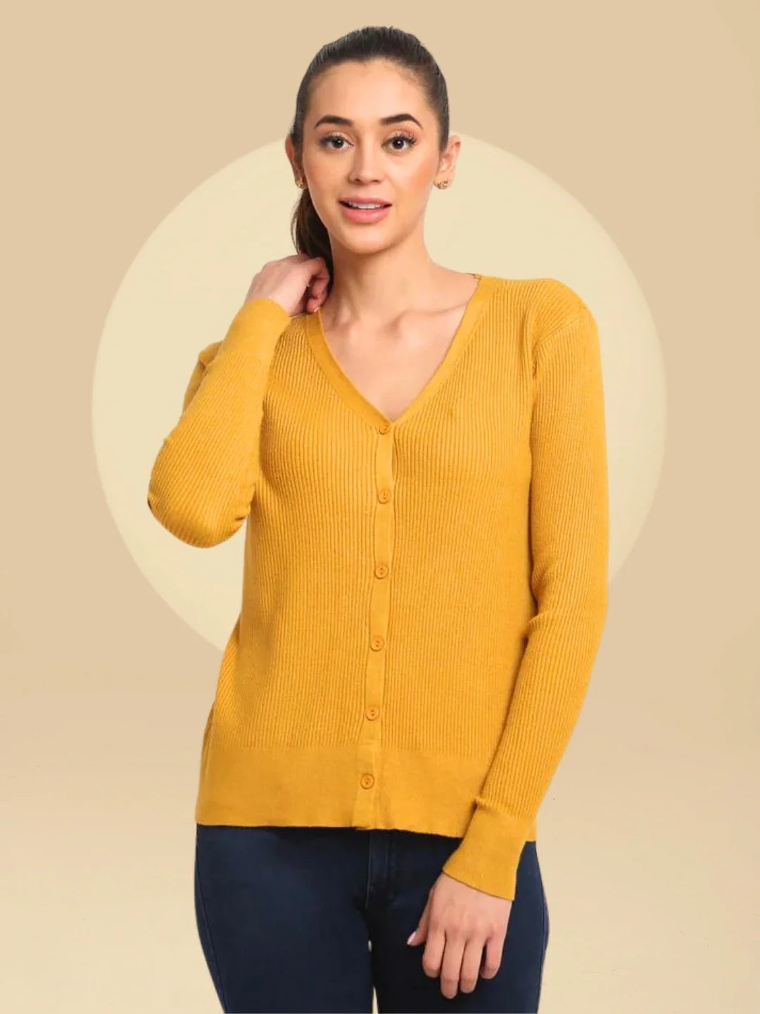 Women Mustard Knitted V-Neck Regular Fit Cardigan