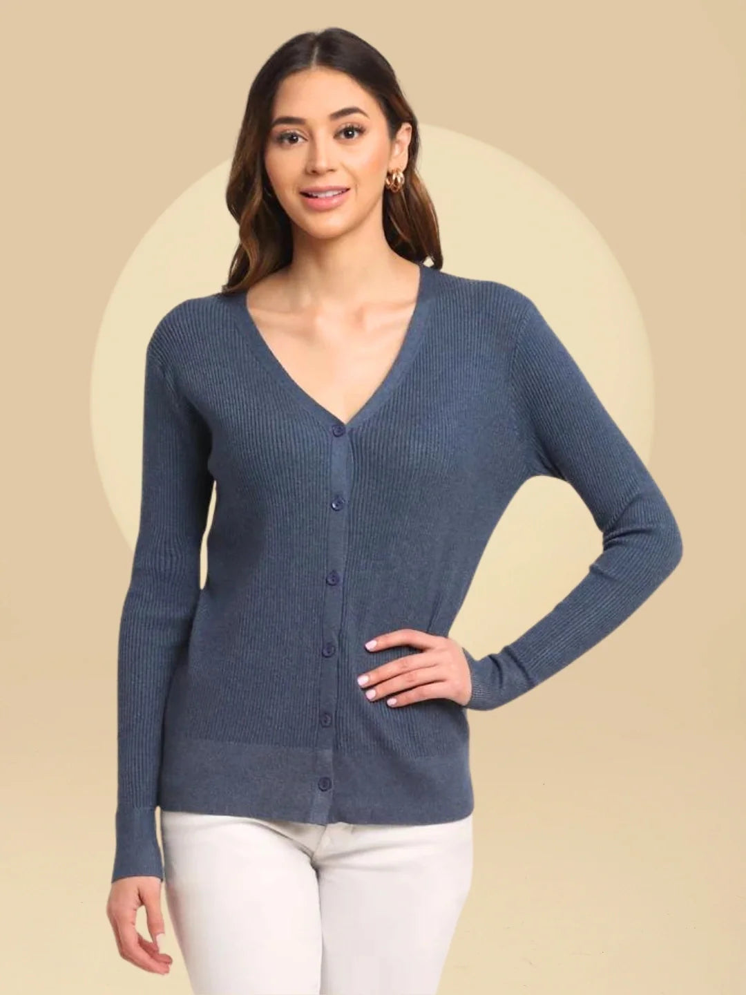 Women Blue Knitted V-Neck Regular Fit Cardigan