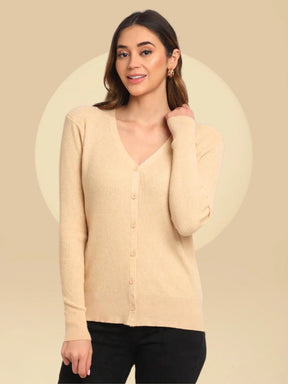 Women Beige Knitted V-Neck Regular Fit Cardigan