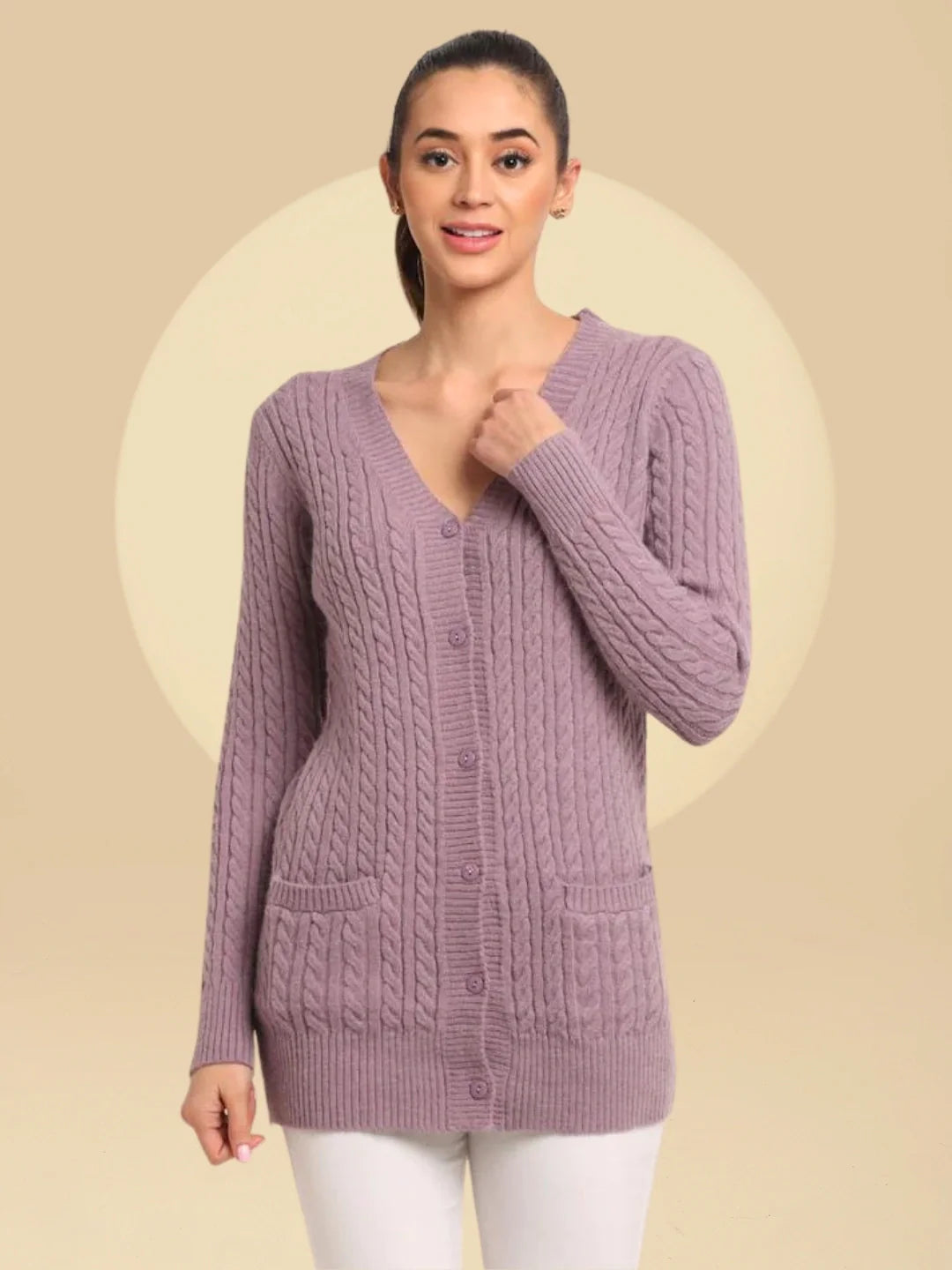 Women Purple Knitted V-Neck Regular Fit Cardigan