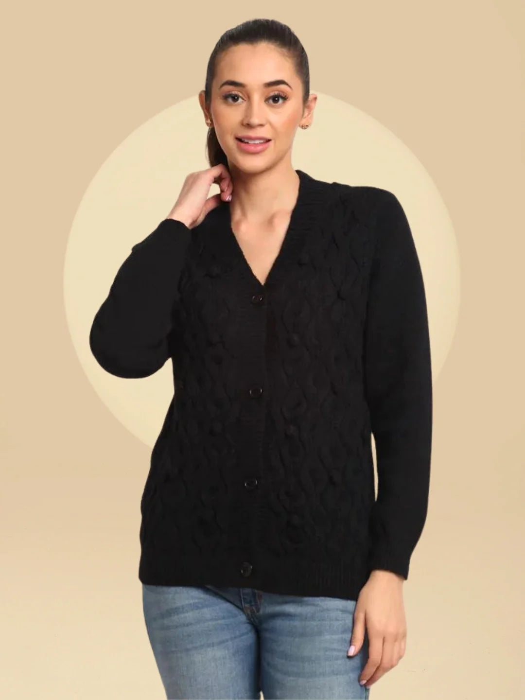 Women Black V-Neck Knitted Solid Hip Length Cardigan