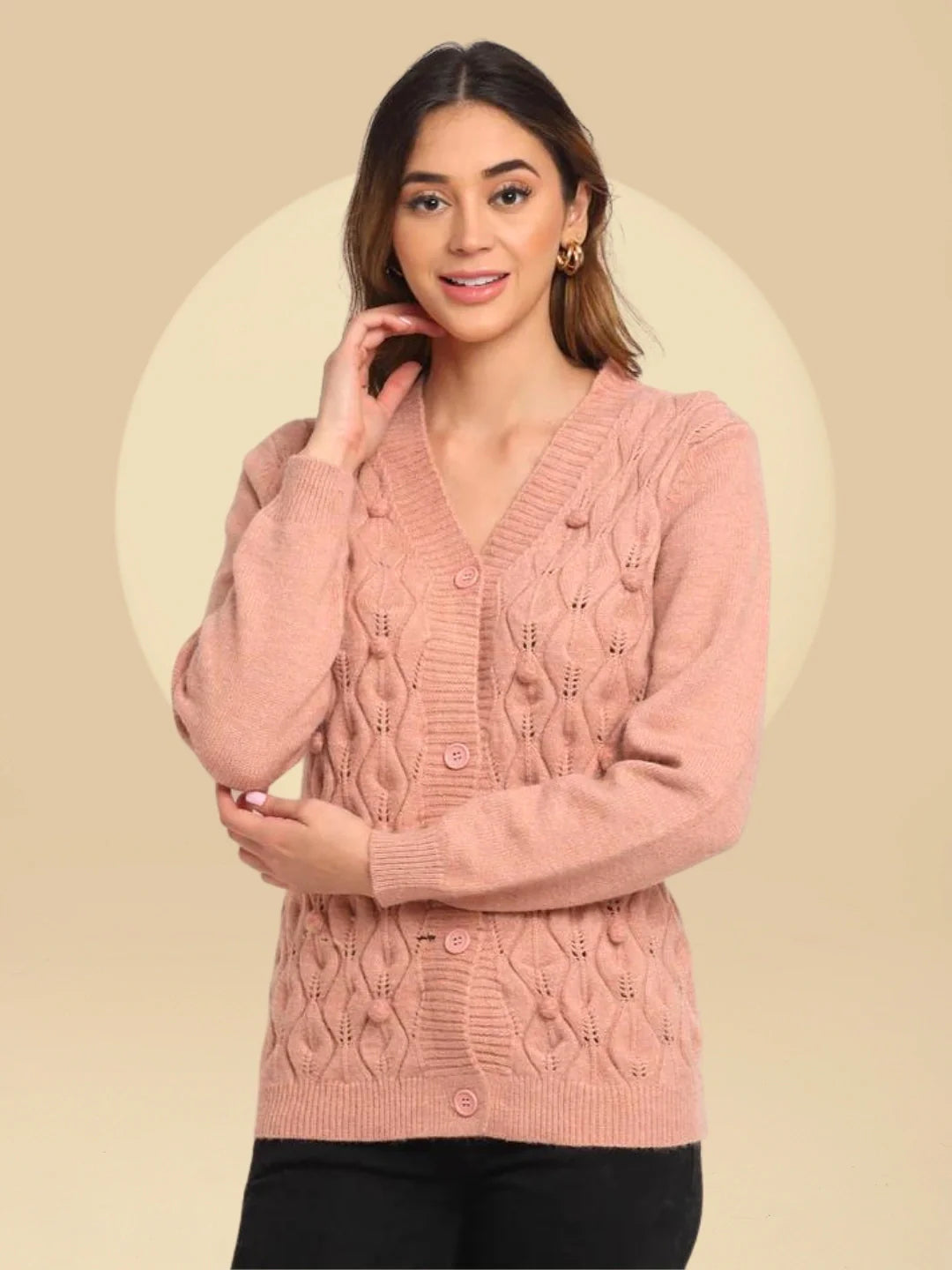 Women Pink Knitted V-Neck Regular Fit Cardigan