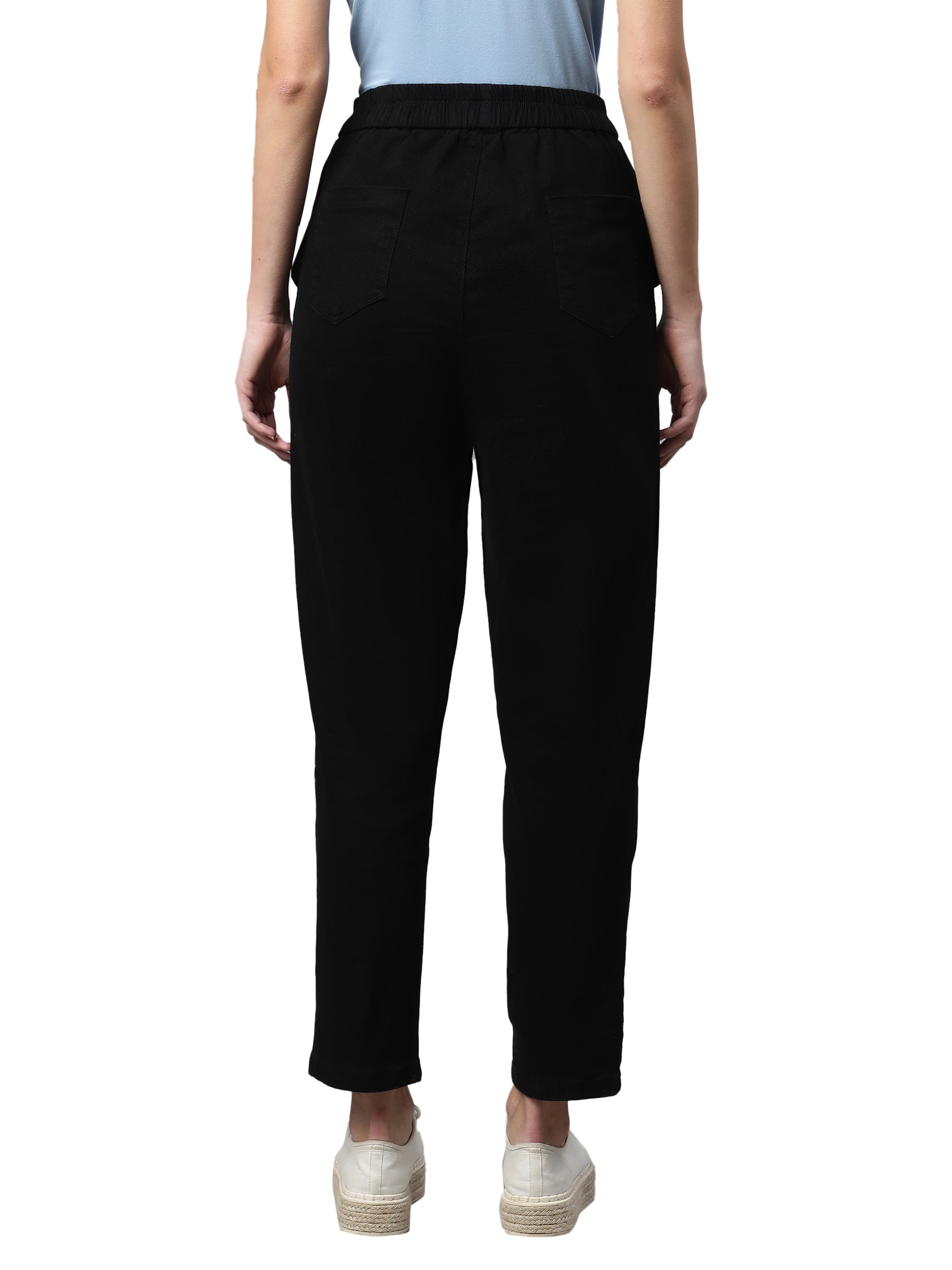 Women Black Cotton Solid Trouser