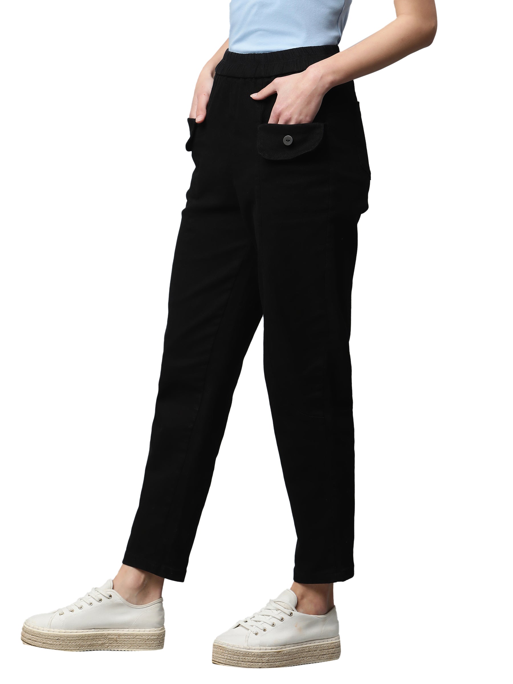 Women Black Cotton Solid Trouser