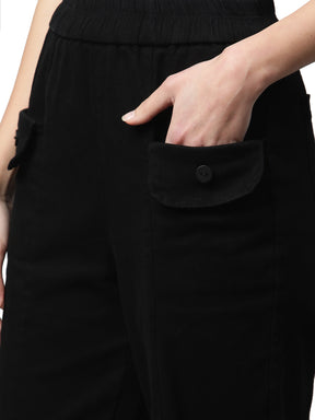 Women Black Cotton Solid Trouser