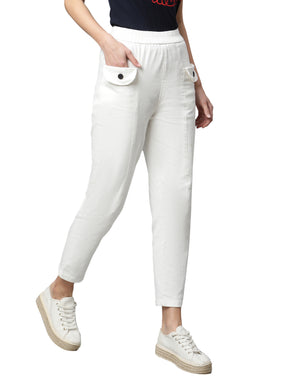 Women White Cotton Solid Trouser