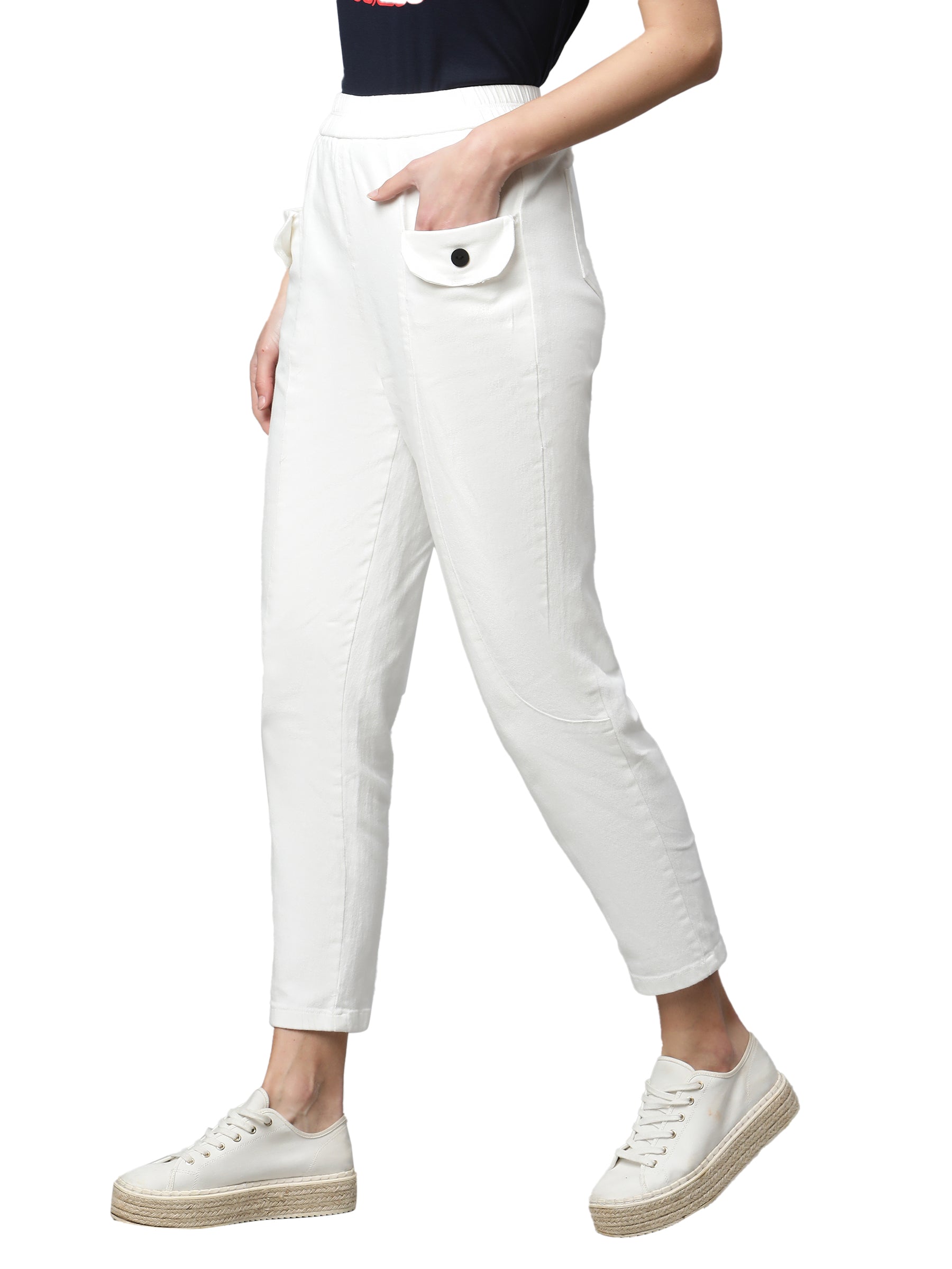 Women White Cotton Solid Trouser