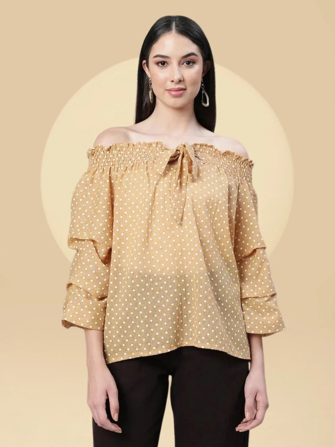 Women Off-Shoulder Bell Sleeves Printed Blouson Top