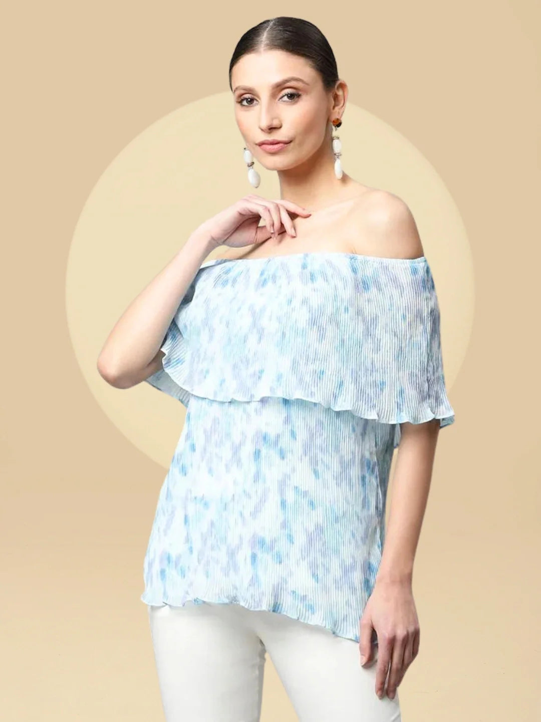 Women White & Blue A-Line Fit Off Shoulder Top