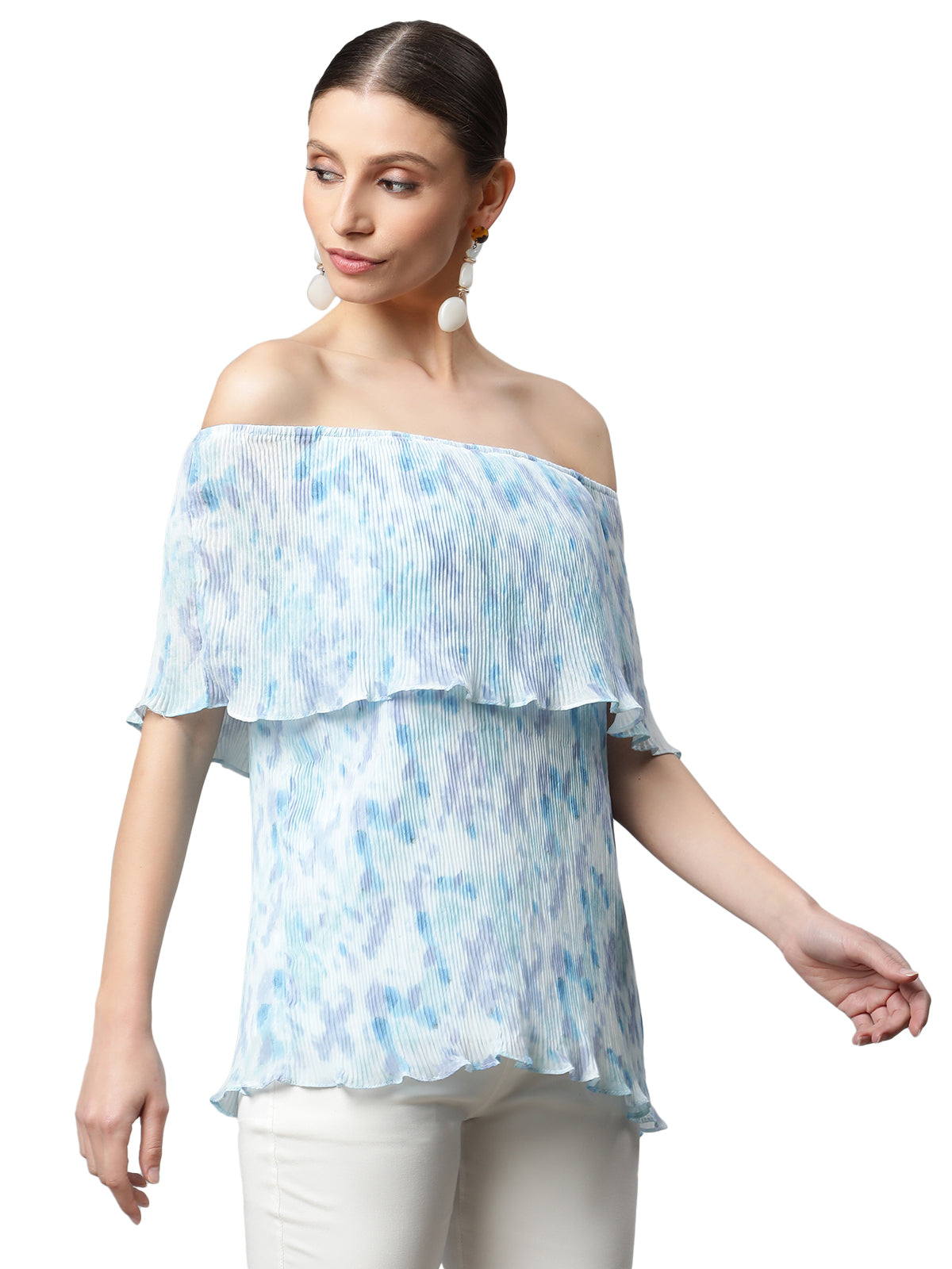 Women White & Blue A-Line Fit Off Shoulder Top