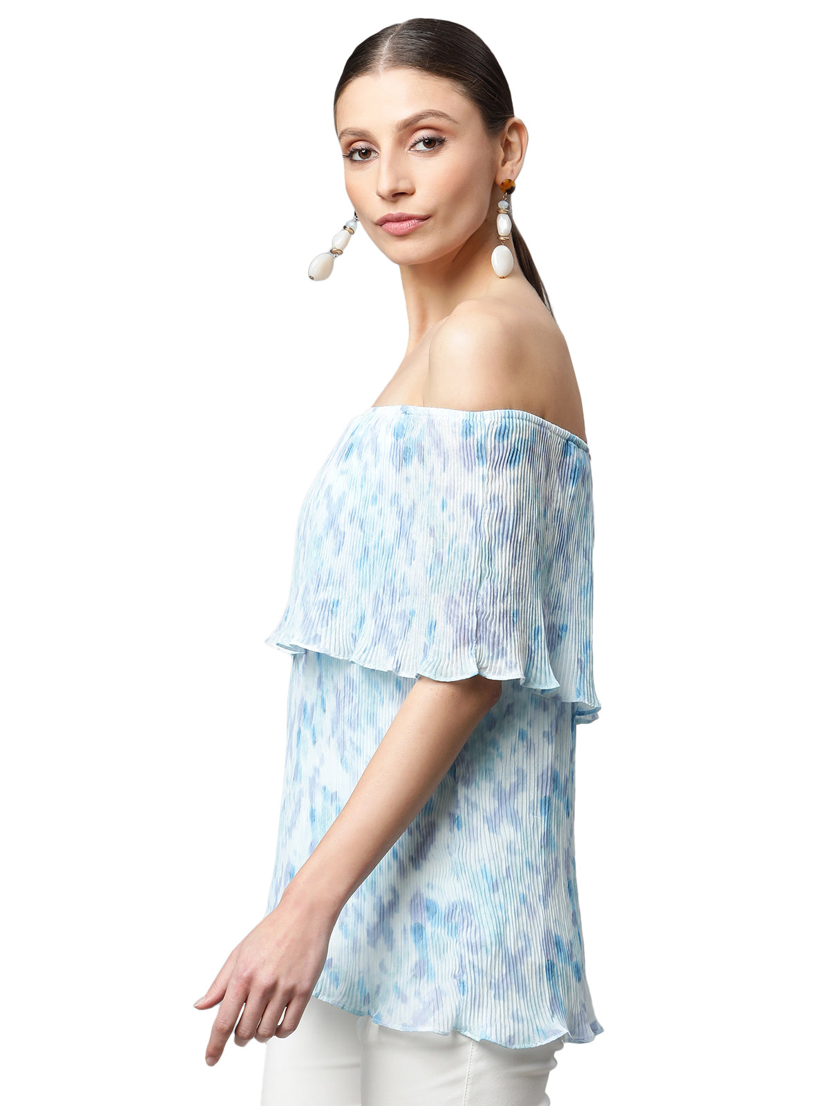 Women White & Blue A-Line Fit Off Shoulder Top