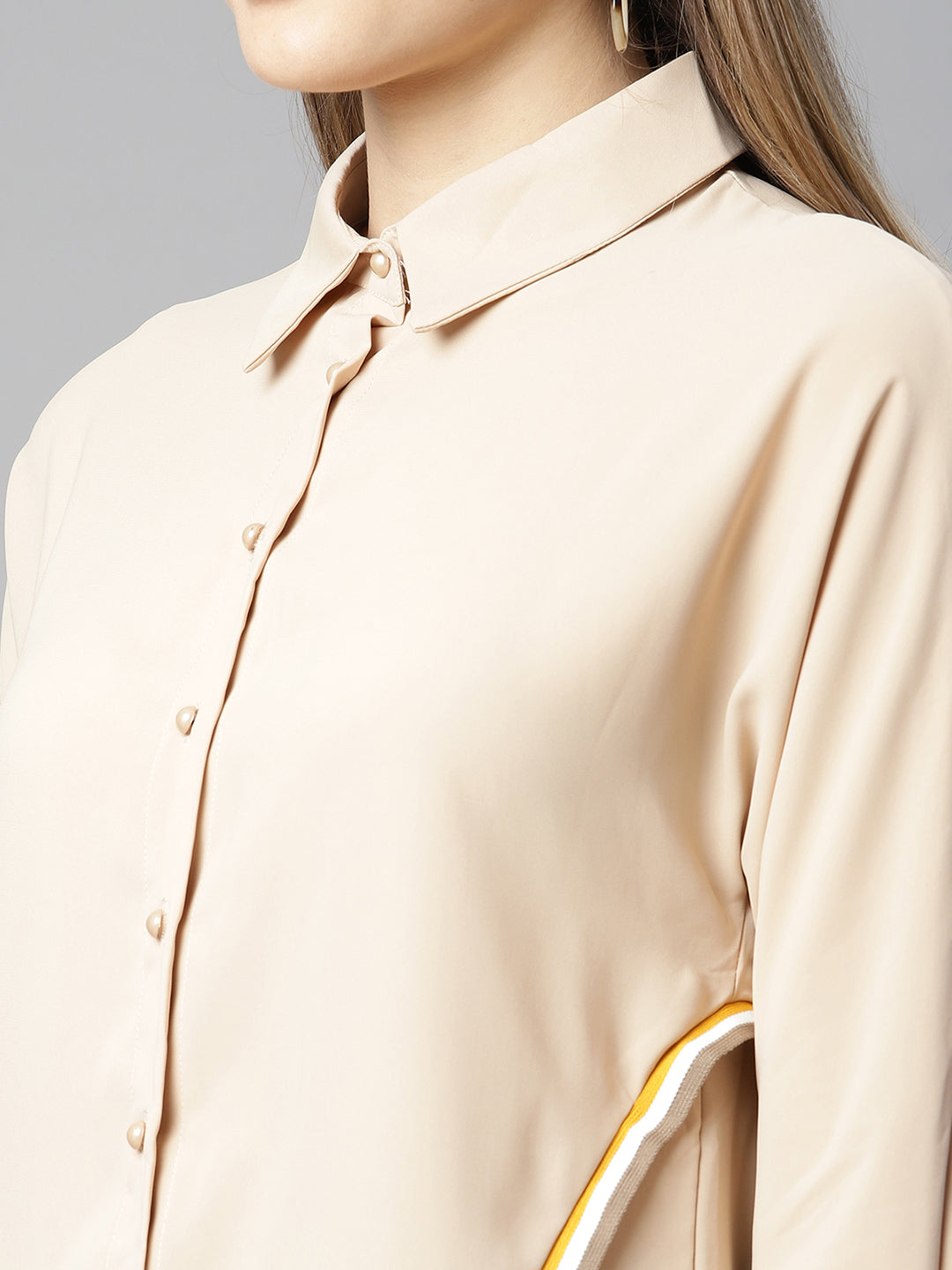 Women Beige Solid Relaxed Fit Collared Neck Shirt