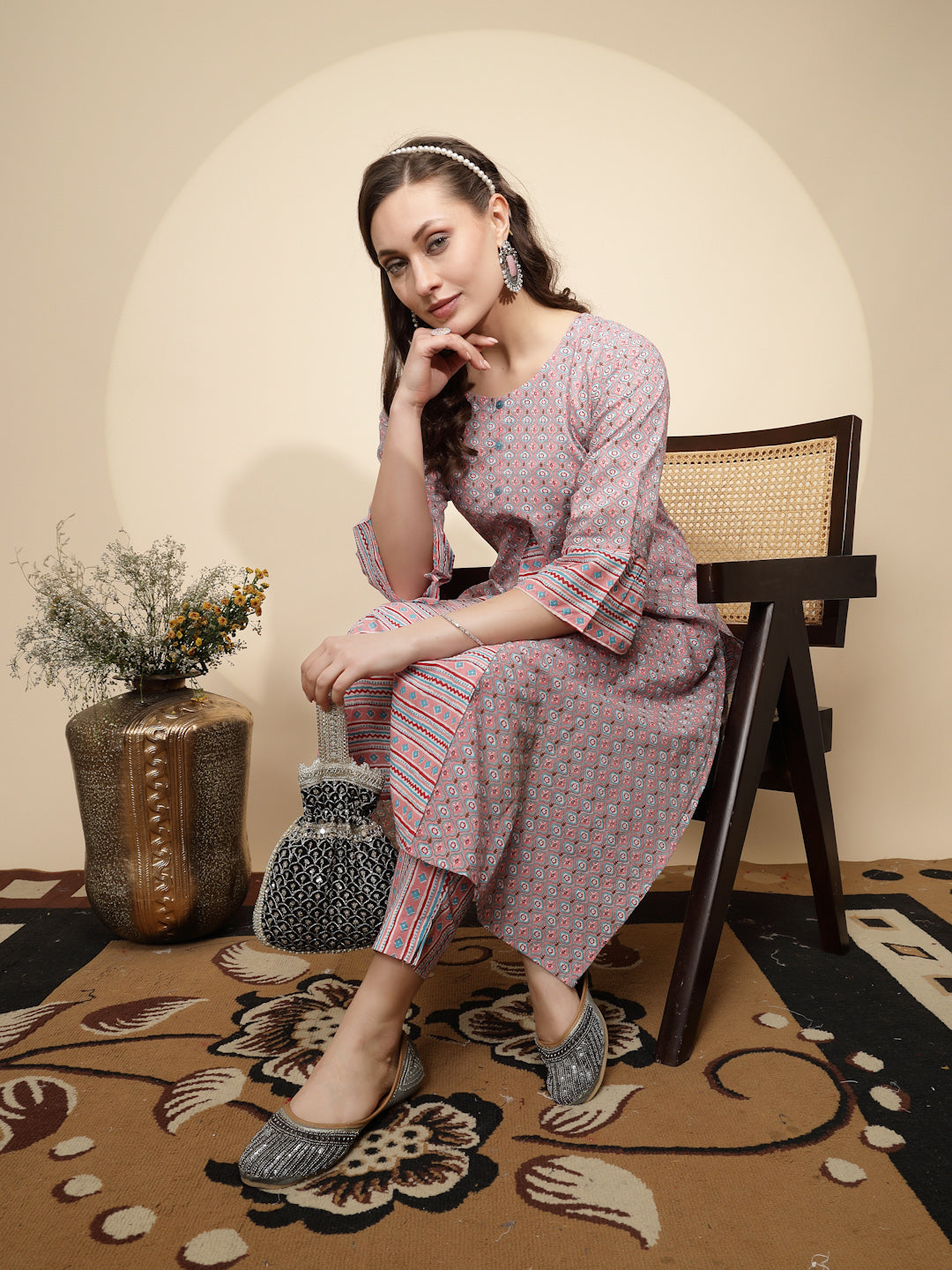 Pink Cotton Regular Fit Kurta Set For Women