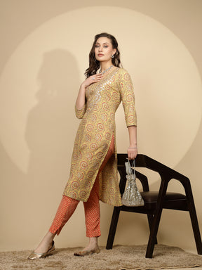 Yellow Cotton Blend Regular Fit Kurta Set For Women