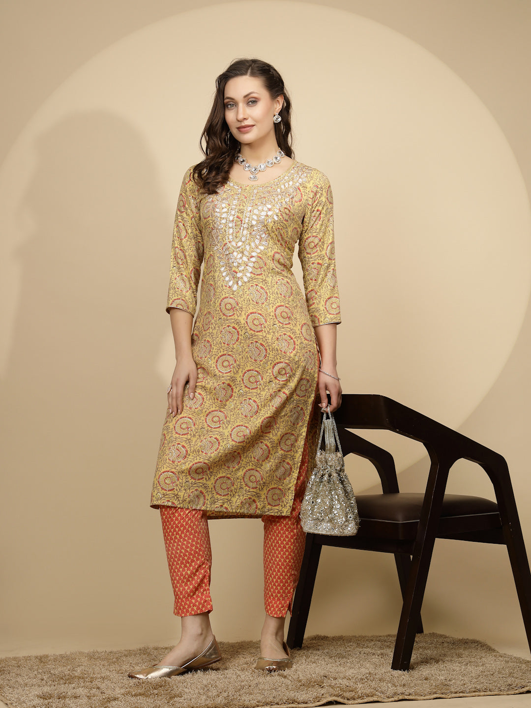 Yellow Cotton Blend Regular Fit Kurta Set For Women