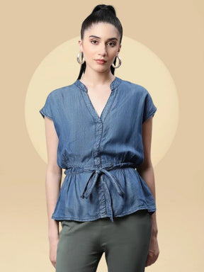 Women Blue Denim Regular Fit Blouson Top With Belt