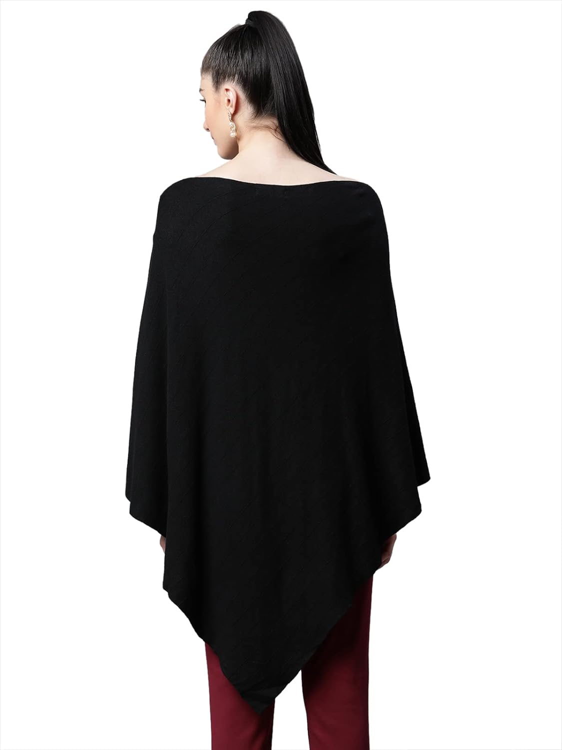 Women Solid Black One Shoulder Woolen Loose Fit Casual Poncho