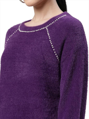 Women Embellished Mulberry Woolen Loose Fit Casual Pullover