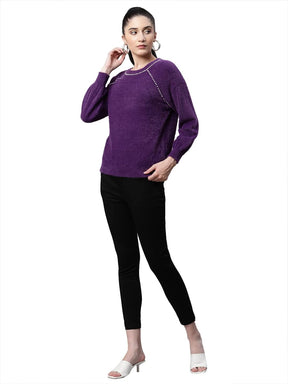 Women Embellished Mulberry Woolen Loose Fit Casual Pullover