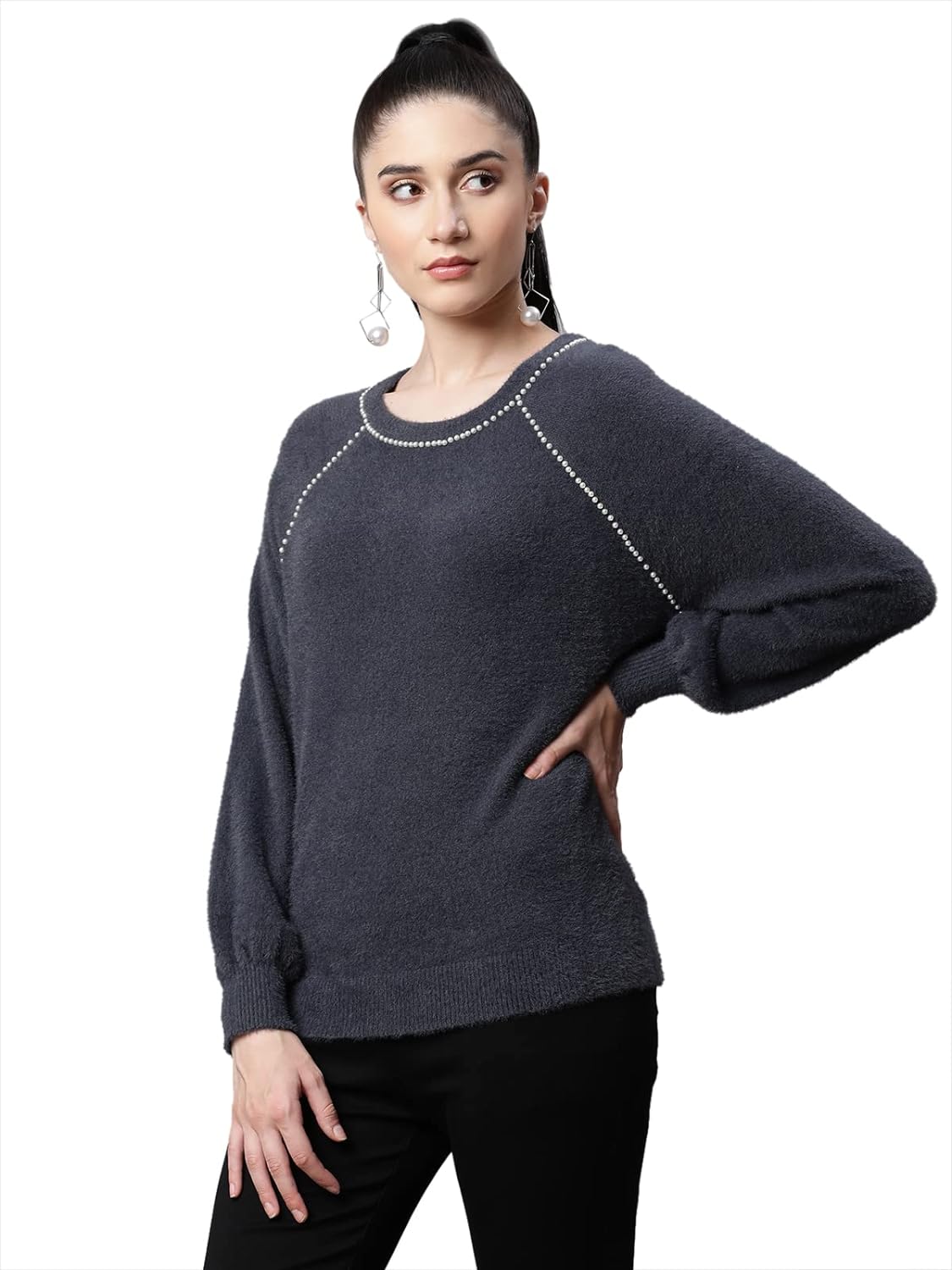 Women Embellished Grey Woolen Loose Fit Casual Pullover