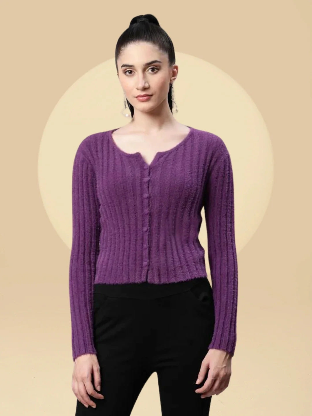 Women Feather Mulberry Knit Slim Fit Casual Cardigan