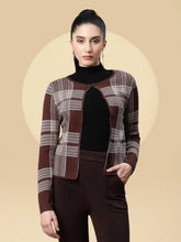 Women Checkered Wine Slim Fit Casual Cardigan