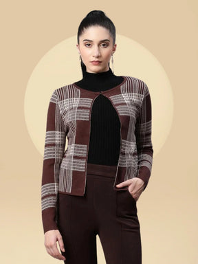 Women Checkered Wine Slim Fit Casual Cardigan