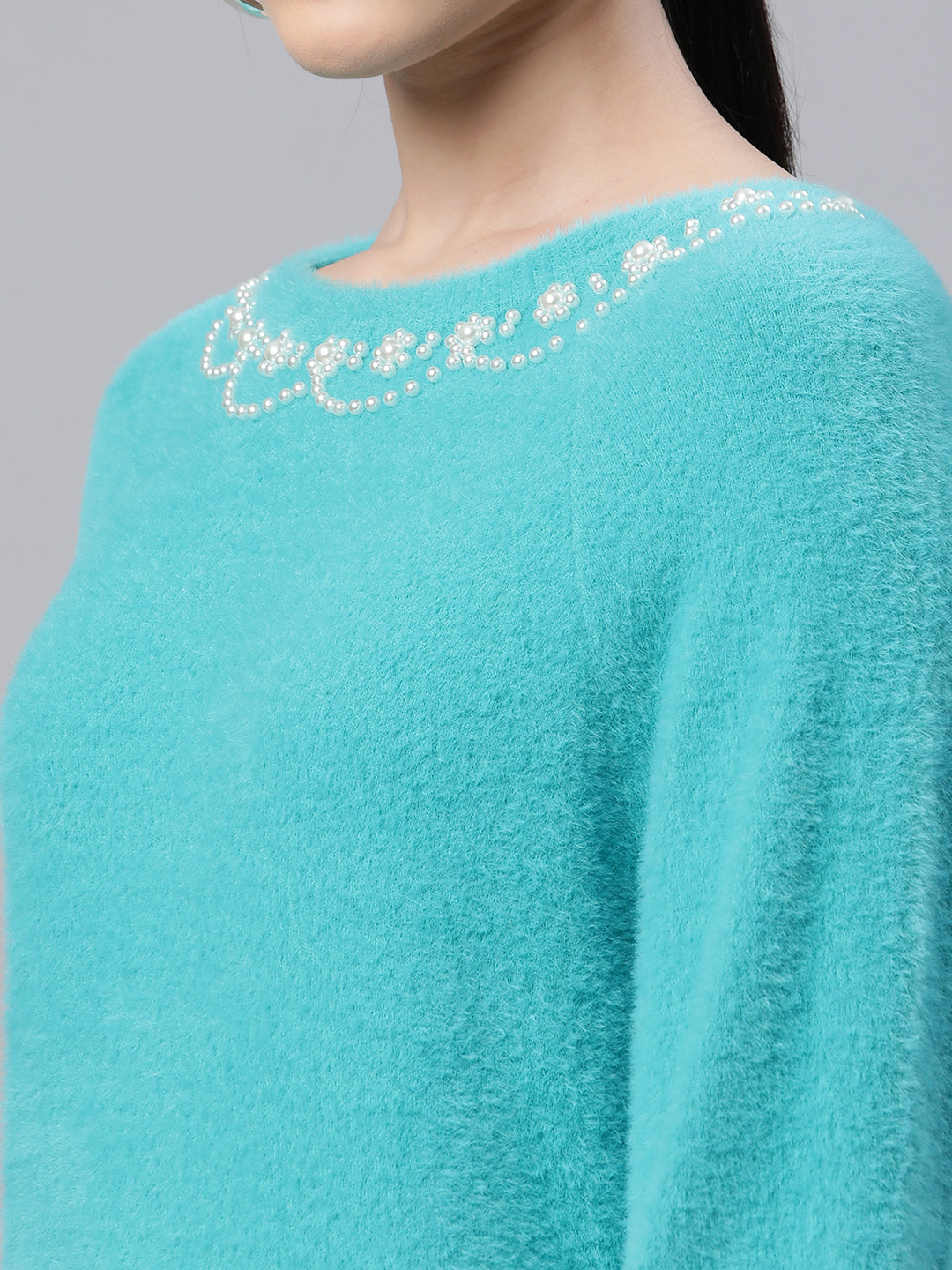 Women Embellished Teal Woolen Loose Fit Casual Pullover