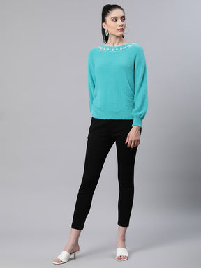 Women Embellished Teal Woolen Loose Fit Casual Pullover