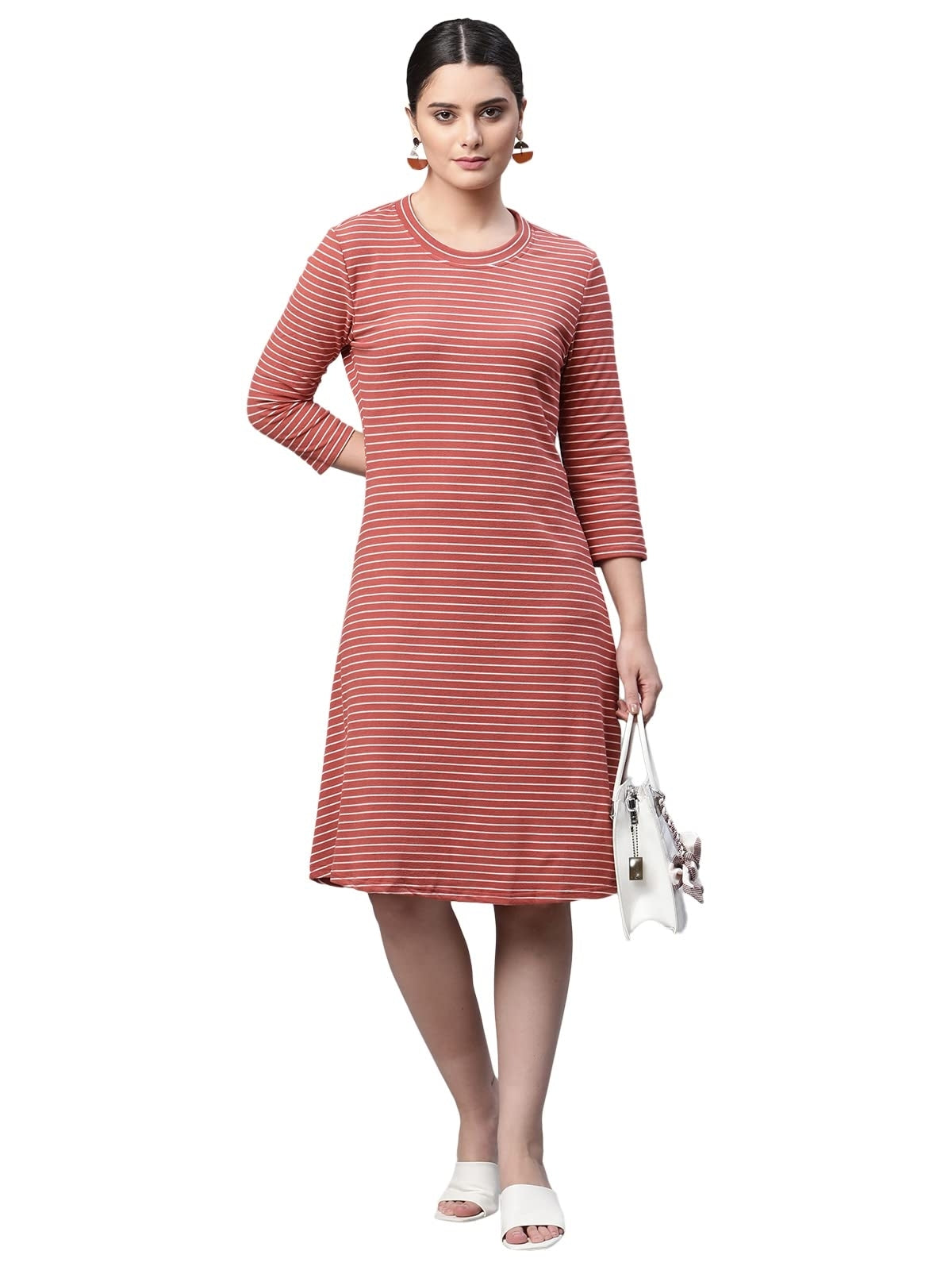 Women Crew Neck Orange & White Printed Regular Fit Hosiery Dress