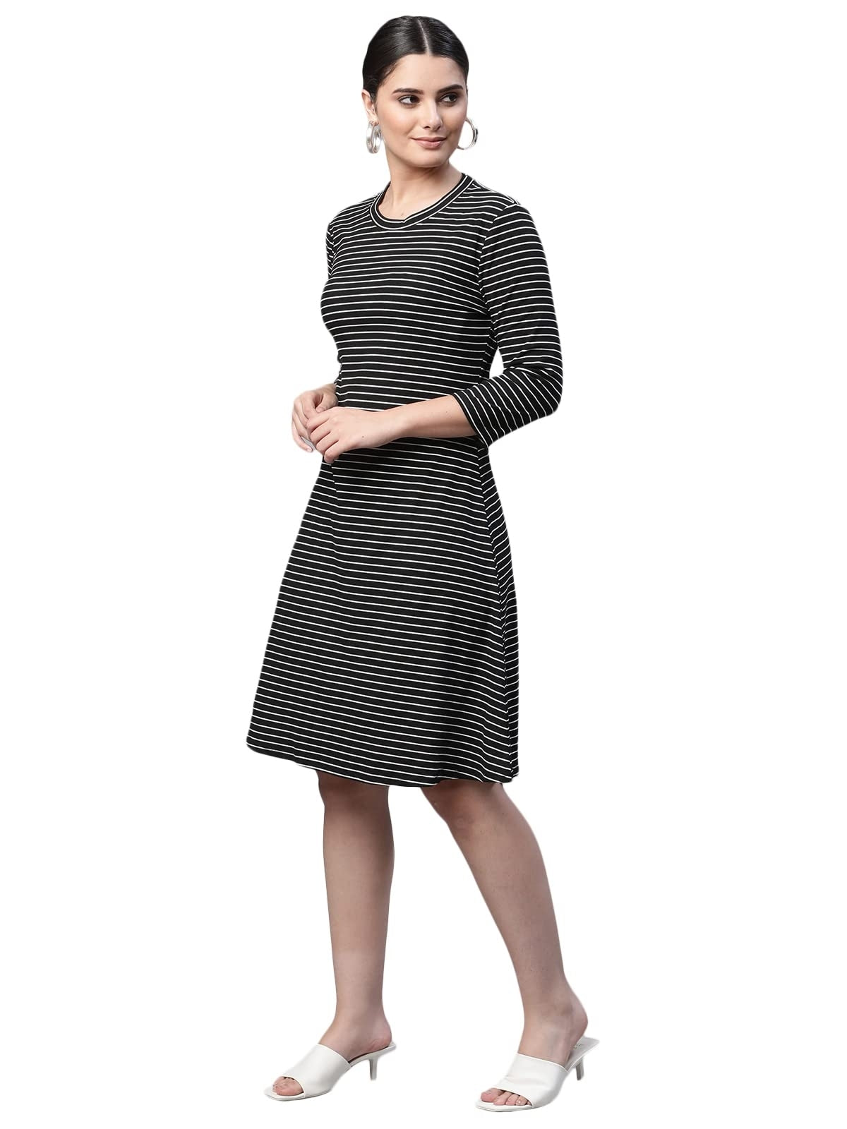 Women Round Neck Black & White Printed Regular Fit Hosiery Dress