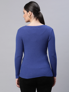 Women Round Neck Ribbed Hem Blue Slim Fit Knitted Pullover