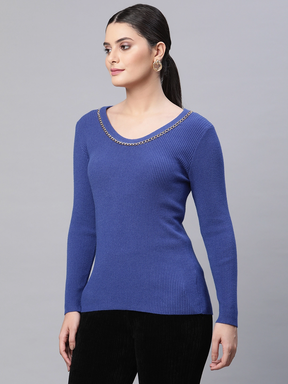 Women Round Neck Ribbed Hem Blue Slim Fit Knitted Pullover