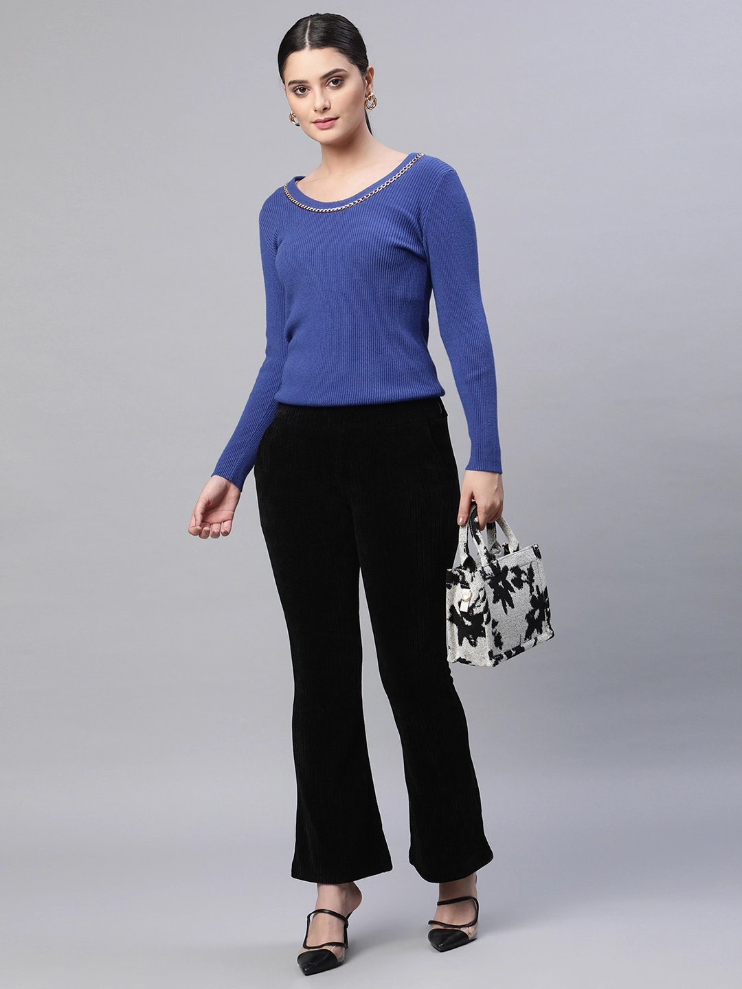 Women Round Neck Ribbed Hem Blue Slim Fit Knitted Pullover