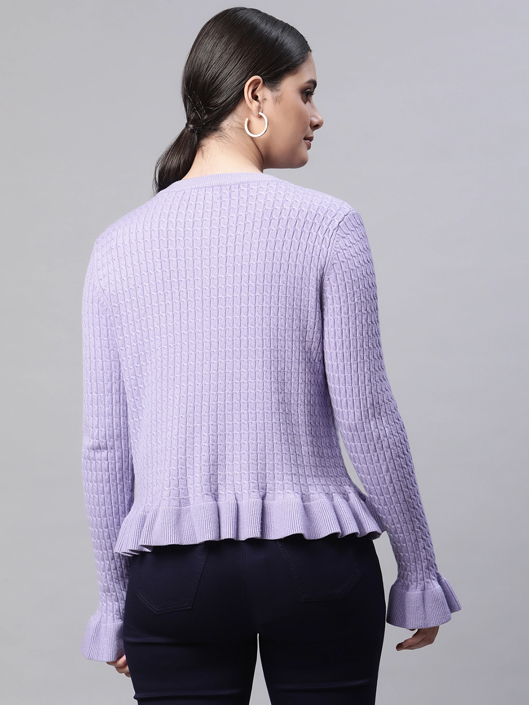 Women Round Neck Ruffled Hem Sleeves Full Sleeves Lavender Textured Regular Fit Knitted Cardigan