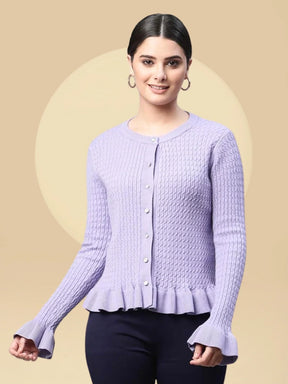 Women Round Neck Ruffled Hem Sleeves Full Sleeves Lavender Textured Regular Fit Knitted Cardigan