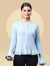 Women Round Neck Ruffled Hem Arctic Blue Textured Regular Fit Knitted Cardigan