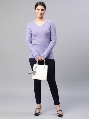 Women V-Neck Elongated Hem Lavender Jacquard Regular Fit Pullover