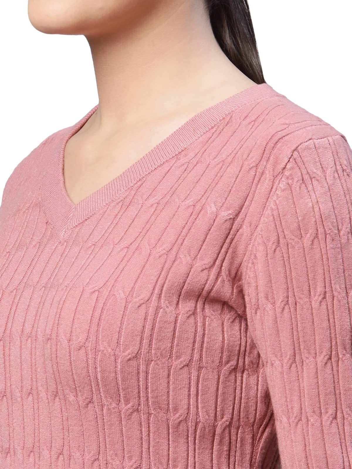 Women V-Neck Elongated Hem Pink Jacquard Regular Fit Pullover