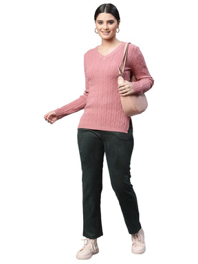 Women V-Neck Elongated Hem Pink Jacquard Regular Fit Pullover