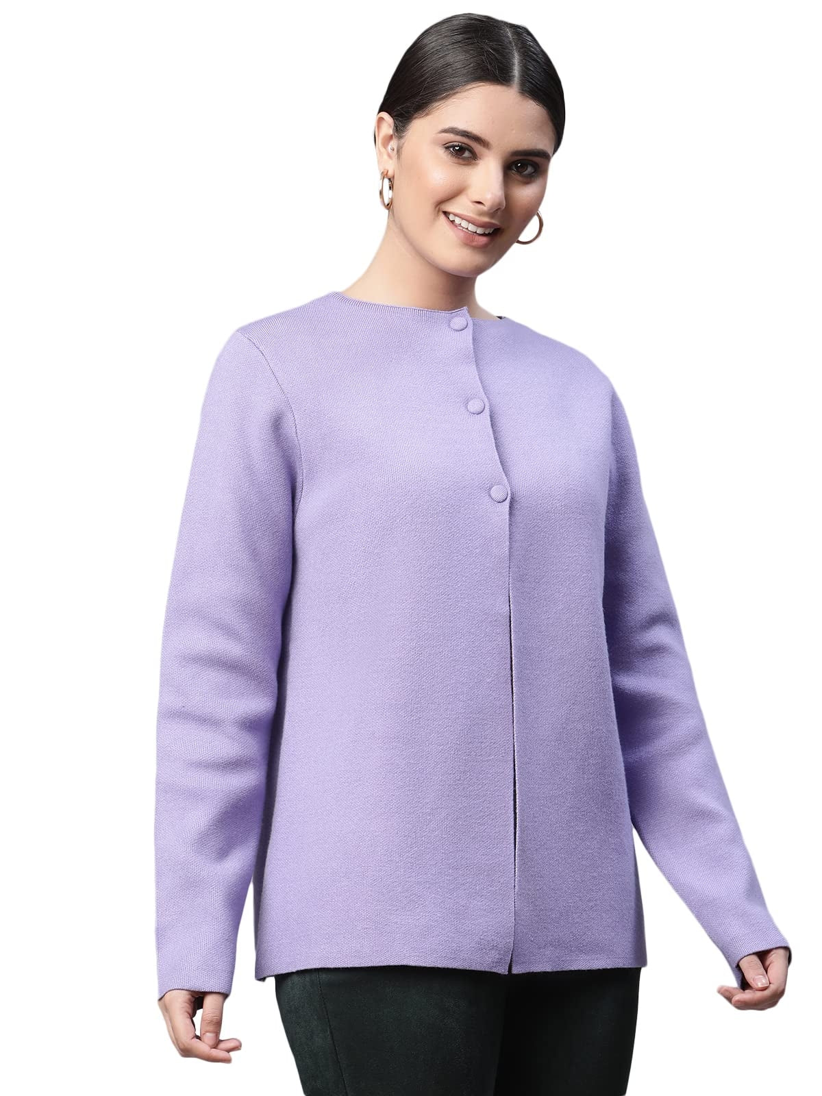 Women Crew Neck Straight Fit Lavender Solid Boxy Fit Knitted Cardigan