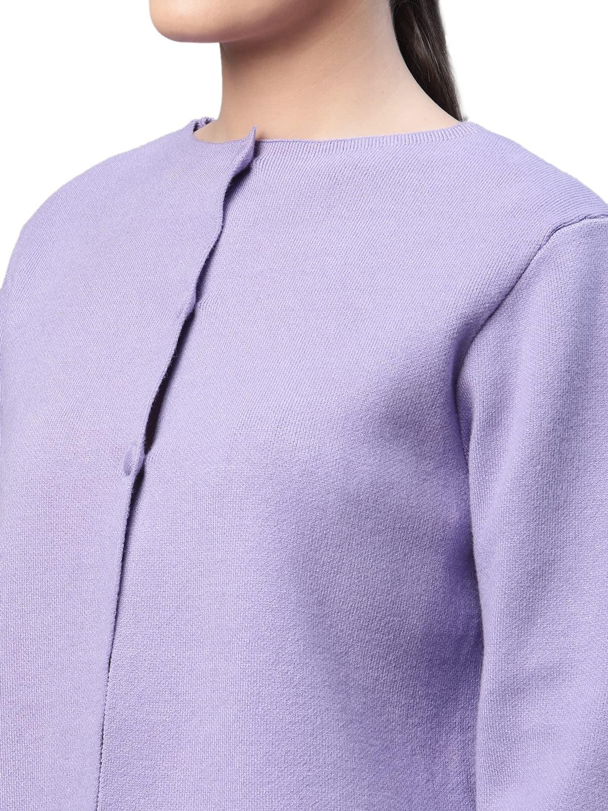 Women Crew Neck Straight Fit Lavender Solid Boxy Fit Knitted Cardigan