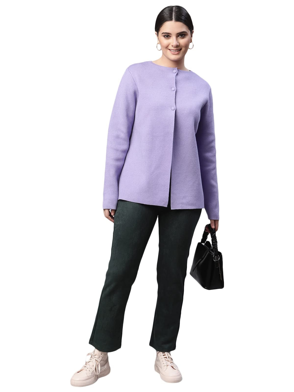 Women Crew Neck Straight Fit Lavender Solid Boxy Fit Knitted Cardigan