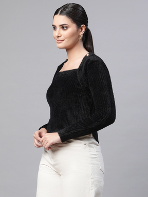 Women Square Neck Ribbed Black Regular Fit Acrylic Pullover