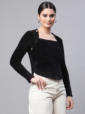 Women Square Neck Ribbed Black Regular Fit Acrylic Pullover