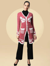 Women Wine Knee Length Floral Pattern Furry Jersey Cardigan