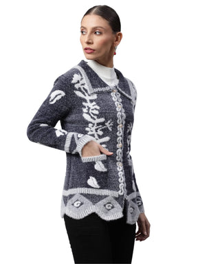 Women Navy Floral & Furry Regular Fit Cardigan